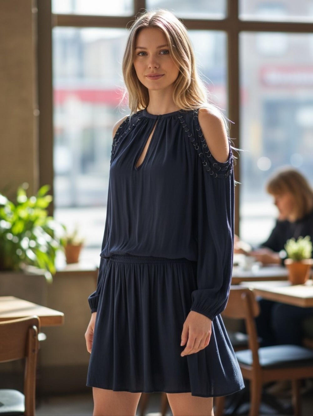 Ramy Brook Navy Blue Long Sleeve V-Neck Dress Medium